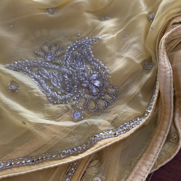 Pure Chinnon Chiffon yellow Punjabi Outfit with Heavy Embroidered Dupatta - Picture 4 of 10